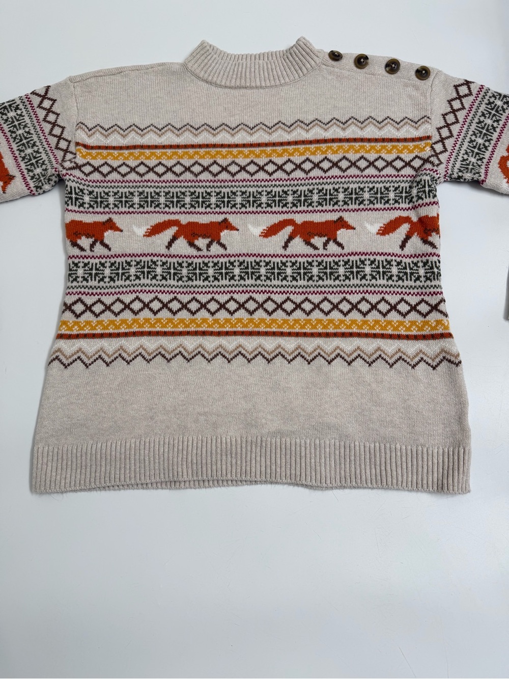 Talbots Fox Fair Isle Mock Neck Sweater Medium Button Shoulder Cottagecore Fall - Picture 3 of 10